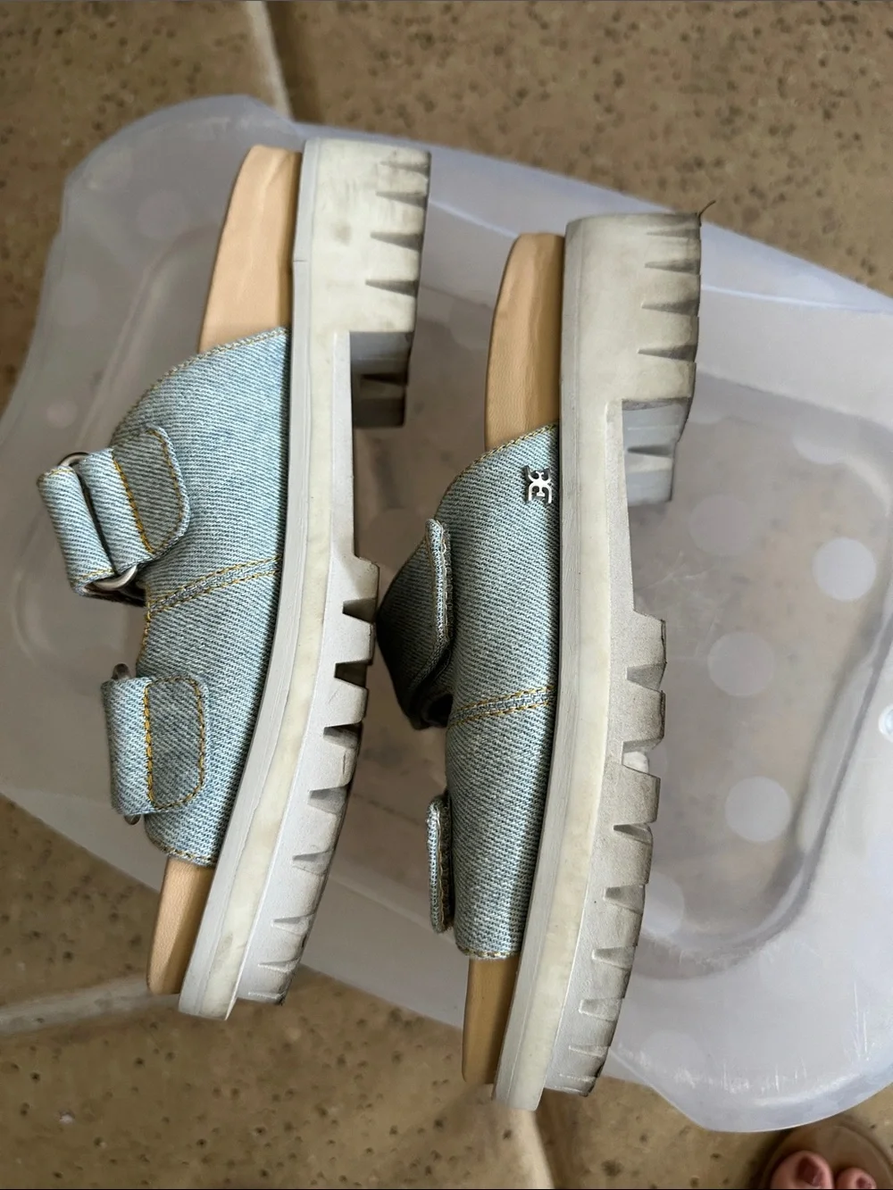 Sam Edelman Light Blue Denim Double-Strap Slide Sandals